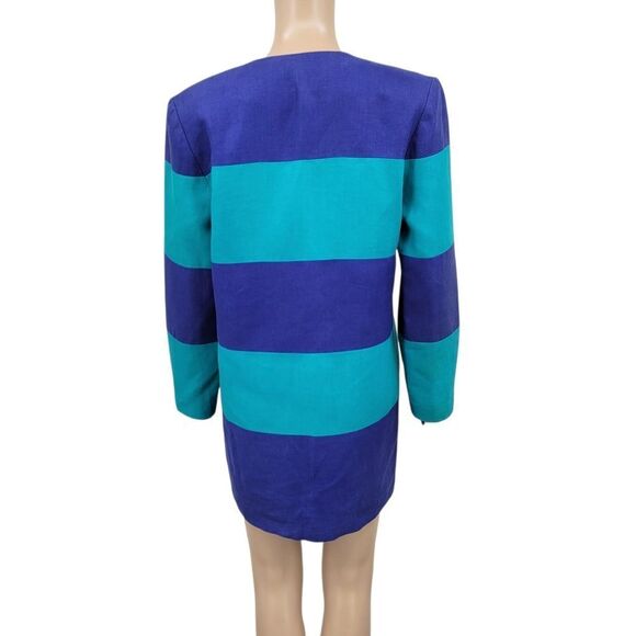 Linda Lewis Vintage Linen Blue and Teal Women's Longline Blazer Jacket - Picture 2 of 10
